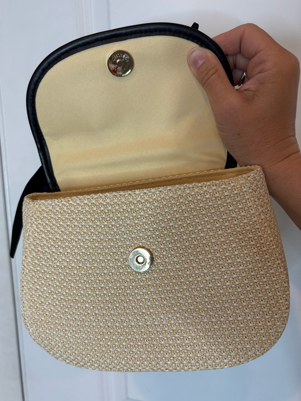 A New Day Black Bow Bamboo Handle Tan Neutral Woven Bag - Picture 4 of 7